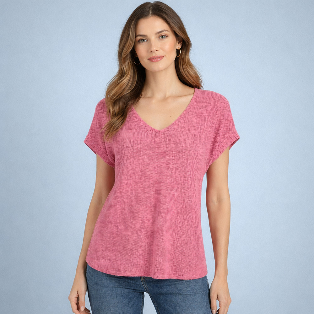 Eileen Fisher Size XL Pink System V Scoop Short Sleeve 100% Hemp Knit Sweater